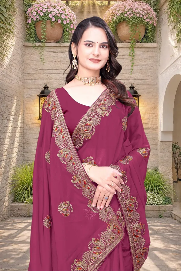 Maroon_Star_Georgette_Embroidered_Saree_With_Blouse_For_Women