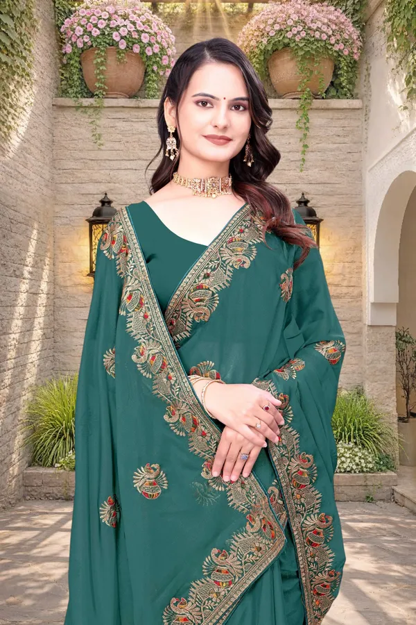 Green_Star_Georgette_Embroidered_Saree_With_Blouse_For_Women