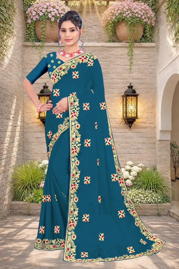 Teal_Star_Georgette_Embroidered_Saree_For_Women