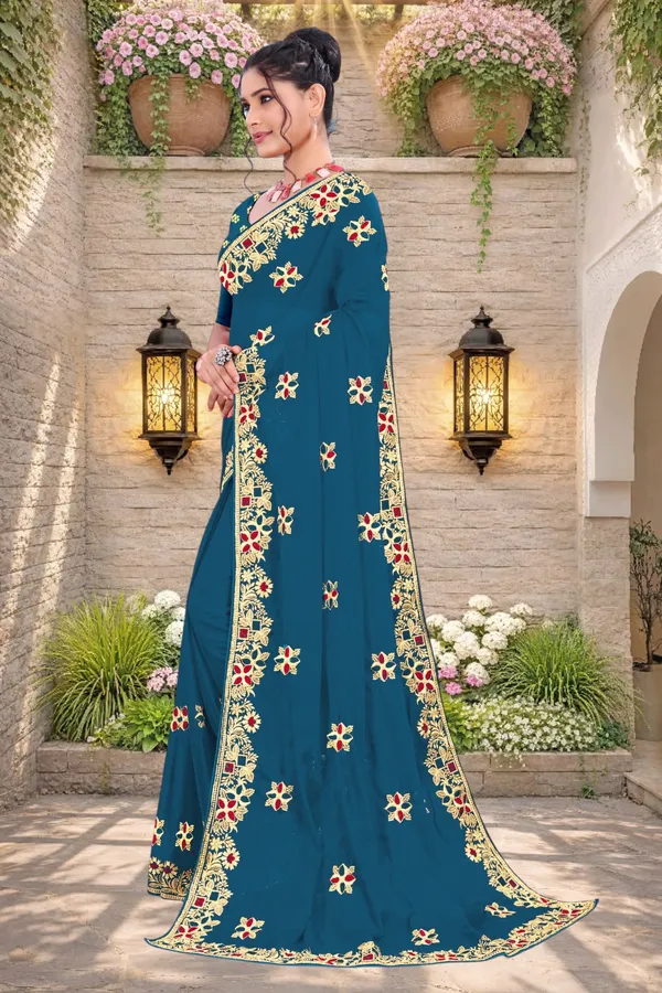 Teal_Star_Georgette_Embroidered_Saree_For_Women