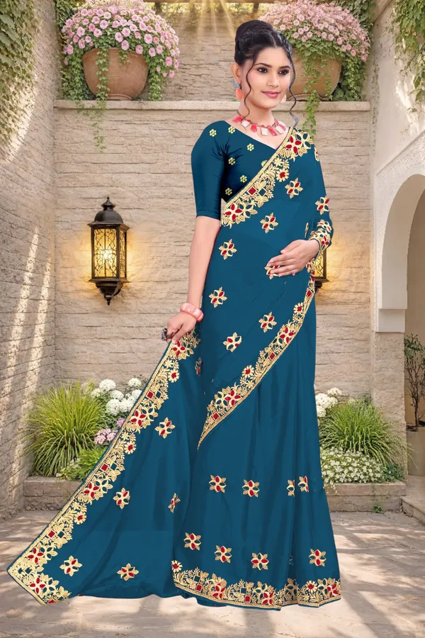 Teal_Star_Georgette_Embroidered_Saree_For_Women