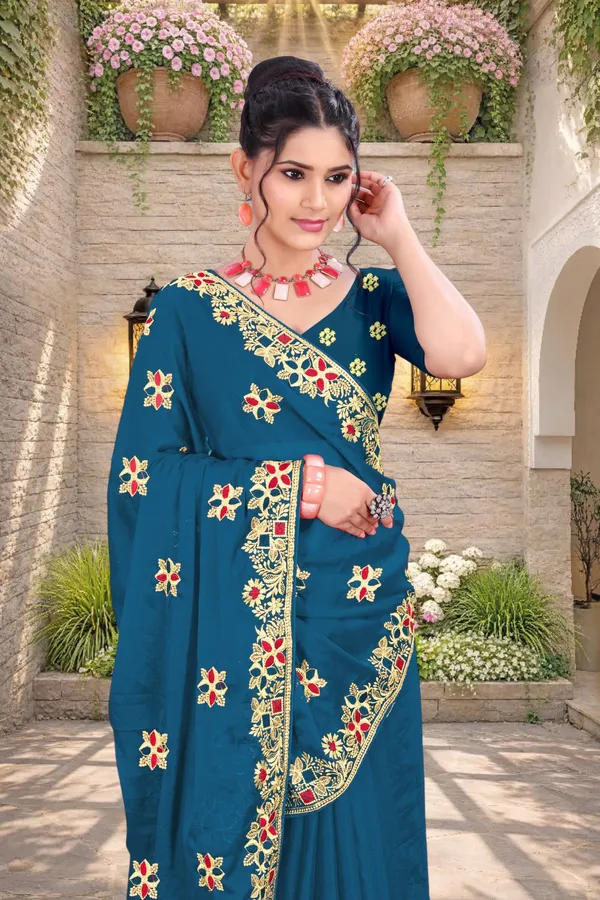Teal_Star_Georgette_Embroidered_Saree_For_Women