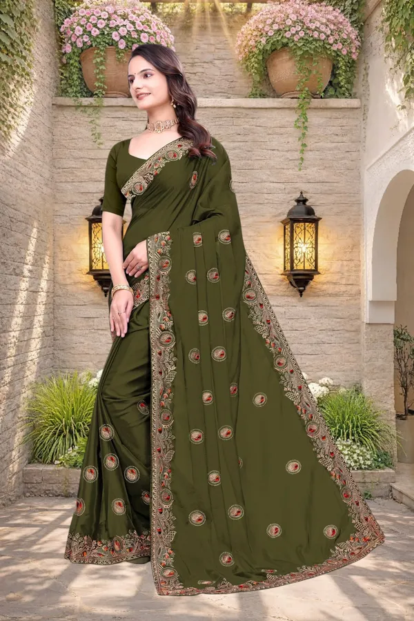 Olive_Green_Star_Georgette_Embroidered_Saree_For_Women
