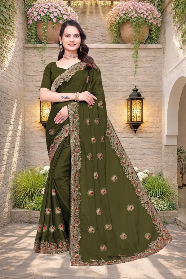 Olive_Green_Star_Georgette_Embroidered_Saree_For_Women