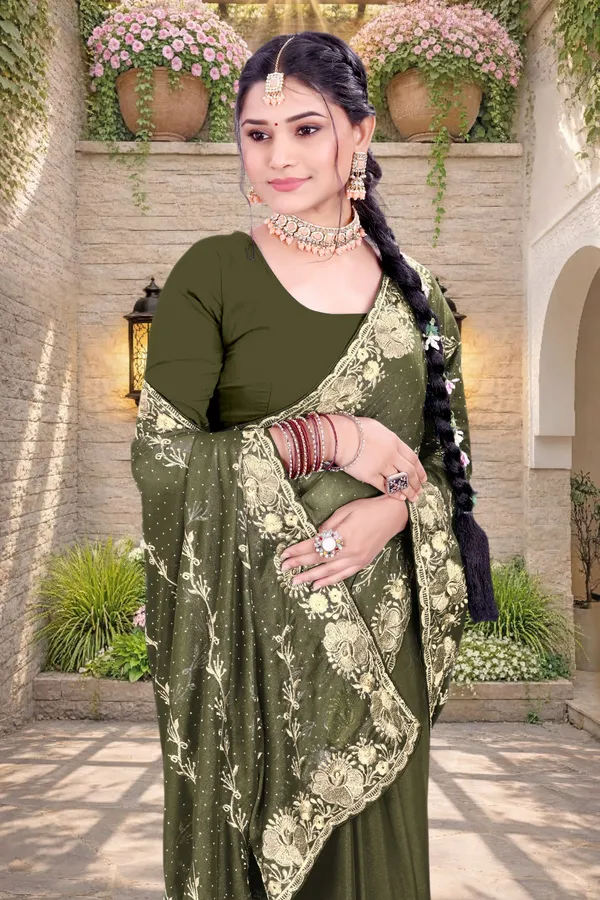 Olive_Green_Star_Georgette_Floral_Embroidered_Saree_For_Women