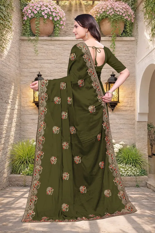 Olive_Green_Star_Georgette_Embroidered_Saree_For_Women