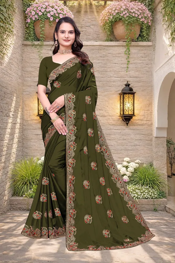 Olive_Green_Star_Georgette_Embroidered_Saree_For_Women