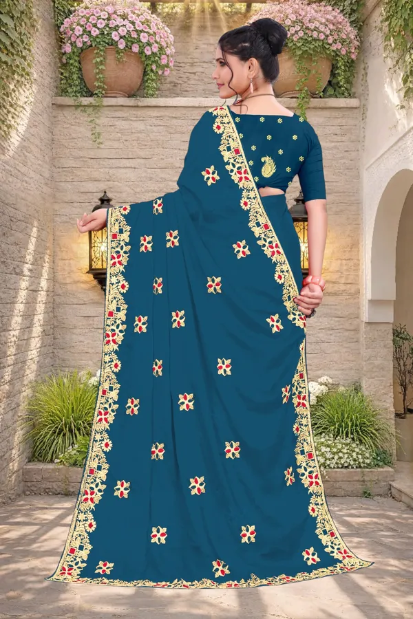 Teal_Star_Georgette_Embroidered_Saree_For_Women