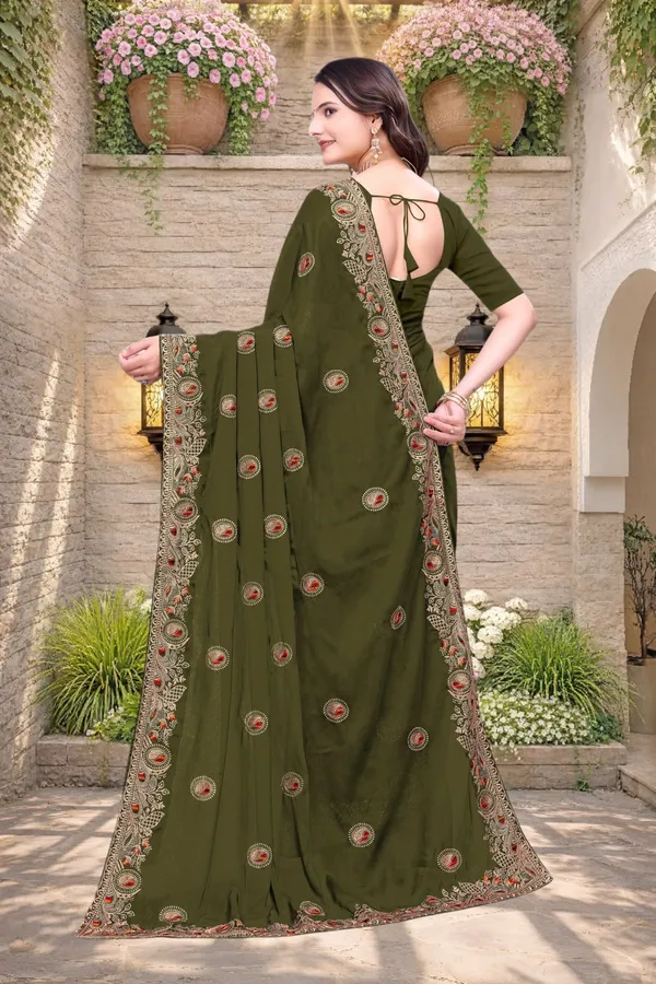 Olive_Green_Star_Georgette_Embroidered_Saree_For_Women