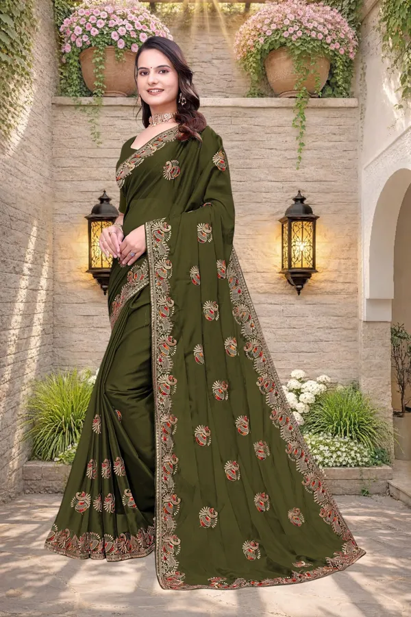 Olive_Green_Star_Georgette_Embroidered_Saree_For_Women