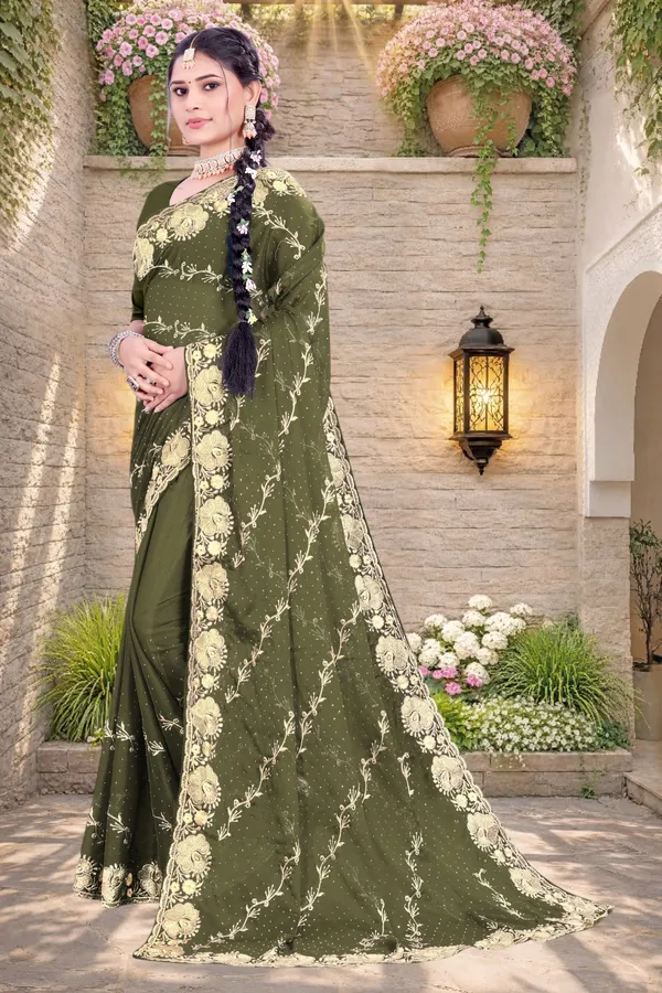 Olive_Green_Star_Georgette_Floral_Embroidered_Saree_For_Women