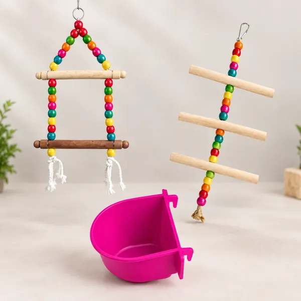 Tokyodo_Bird_Cage_Accessories_Combo_Pack_of_3_Swings_with_Colorful_Wooden_Beads,_Bells,_Hammock_Perch_and_300ml_Plastic_Food_and_Water_Feeder_Bowl_for_Parrots,_Budgies,_Lovebirds,_Cockatiels,_Finches_and_Small_Birds