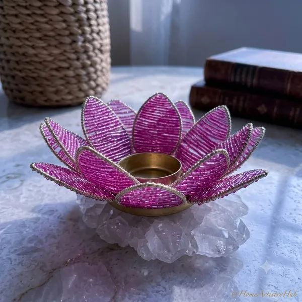 Brass_Lotus_Design_Pink_Beaded_Tealight_Holder