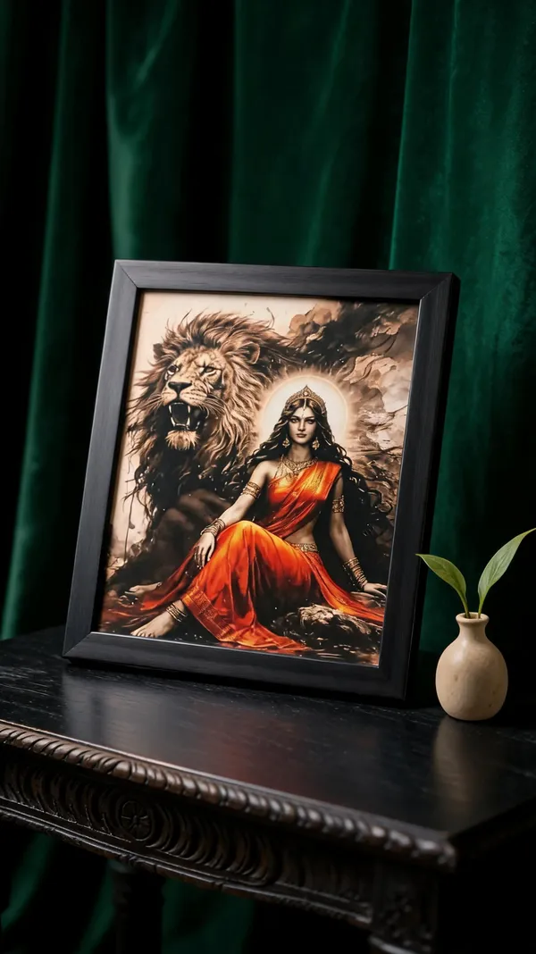 Pvc_Frame_Devotional_Goddess_Durga_With_Lion_Framed_Wall_Art