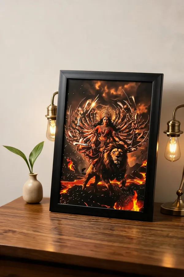 Pvc_Frame_Devotional_Goddess_Durga_Riding_Lion_Framed_Wall_Art