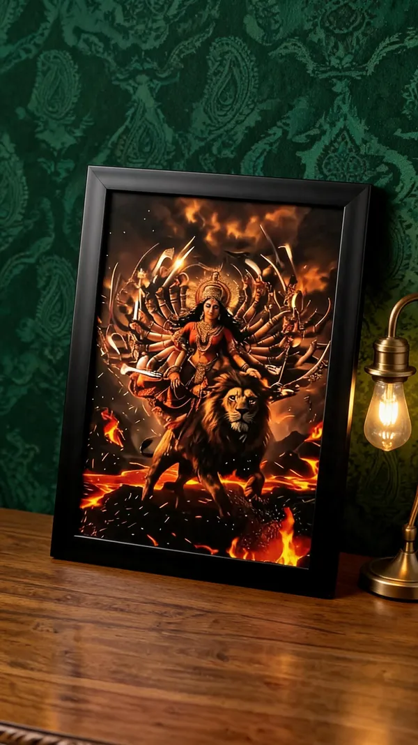 Pvc_Frame_Devotional_Goddess_Durga_Riding_Lion_Framed_Wall_Art