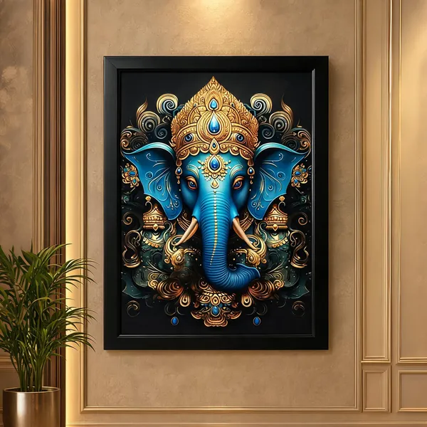 Pvc_Frame_Devotional_Lord_Ganesha_Blue_Gold_Framed_Wall_Art