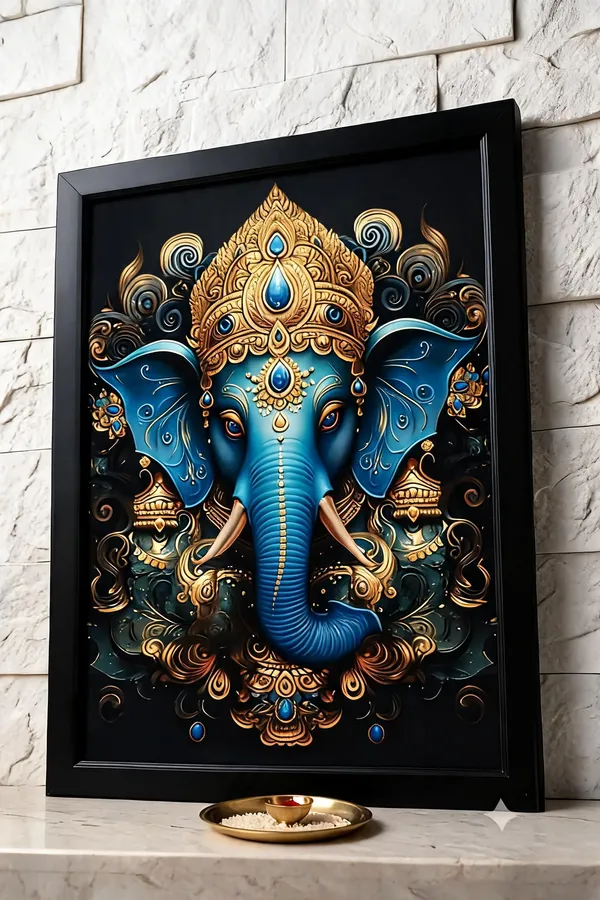 Pvc_Frame_Devotional_Lord_Ganesha_Blue_Gold_Framed_Wall_Art