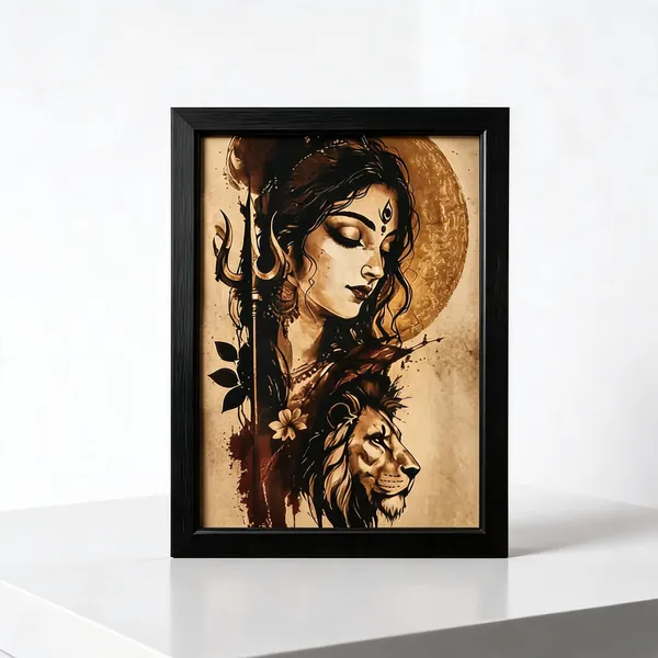 Pvc_Frame_Devotional_Sepia_Goddess_Lion_Portrait_Framed_Wall_Art