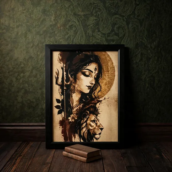 Pvc_Frame_Devotional_Sepia_Goddess_Lion_Portrait_Framed_Wall_Art