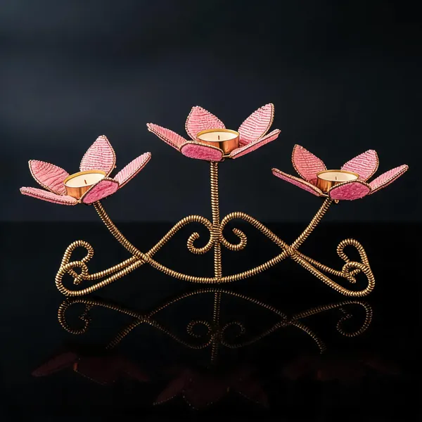 Metal_Floral_Three-Arm_Pink_Flower_Tealight_Candle_Holder