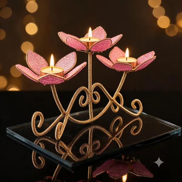 Metal_Floral_Three-Arm_Pink_Flower_Tealight_Candle_Holder