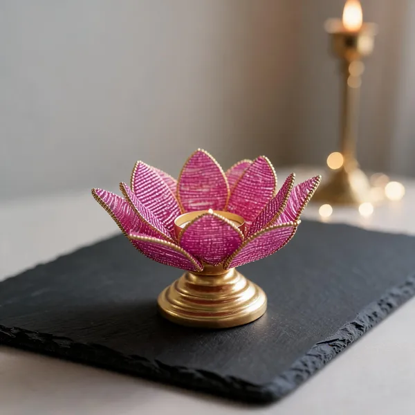 Metal_Traditional_Lotus_Pink_Beaded_Tealight_Holder