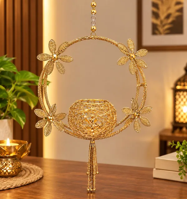 Gold_Metal_Floral_Hanging_Diya_Holder