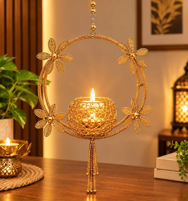 Gold_Metal_Floral_Hanging_Diya_Holder