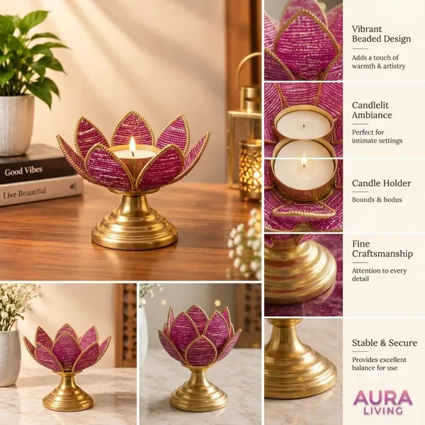 Brass_Lotus_Design_Pink_Beaded_Tealight_Holder