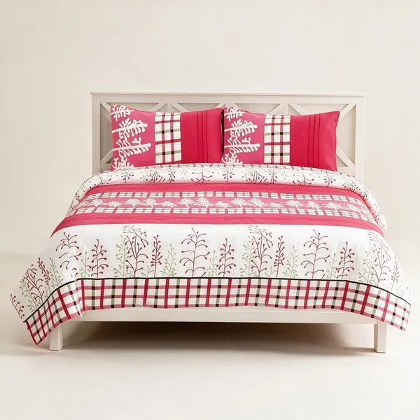 Cotton_Polyester_Blend_Pink_White_Floral_Checkered_Print_King_Bedsheet