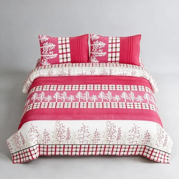 Cotton_Polyester_Blend_Pink_White_Floral_Checkered_Print_King_Bedsheet