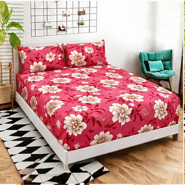 Cotton_Polyester_Blend_Red_Floral_Print_Corner_Fitted_Double_Bedsheet