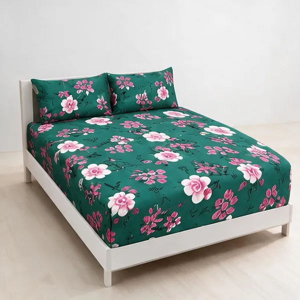 Cotton_Polyester_Blend_Green_Floral_Print_Fitted_Bedsheet
