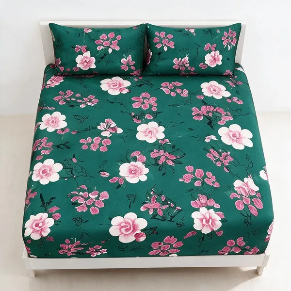 Cotton_Polyester_Blend_Green_Floral_Print_Fitted_Bedsheet