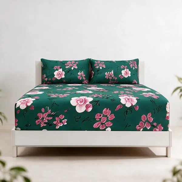 Cotton_Polyester_Blend_Green_Floral_Print_Fitted_Bedsheet