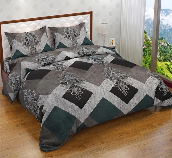 Cotton_Polyester_Blend_Grey_Geometric_Floral_Print_Double_Bedsheet