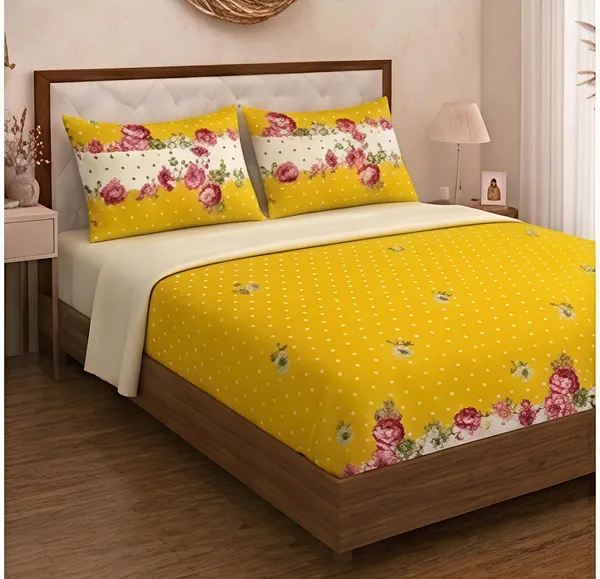 Cotton_Polyester_Blend_Yellow_Floral_Print_Fitted_Bedsheet