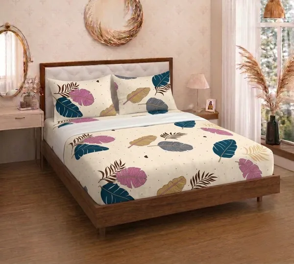 Cotton_Polyester_Blend_Cream_Leaf_Print_Fitted_Bedsheet