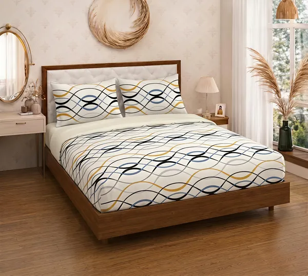 Cotton_Polyester_Blend_White_Abstract_Wave_Print_Fitted_Bedsheet