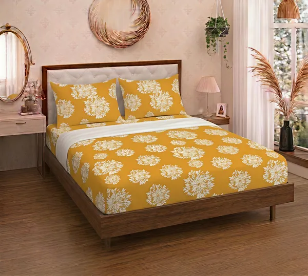 Cotton_Polyester_Blend_Mustard_Floral_Print_Fitted_Bedsheet