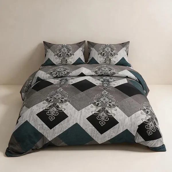 Cotton_Polyester_Blend_Grey_Geometric_Floral_Print_Double_Bedsheet