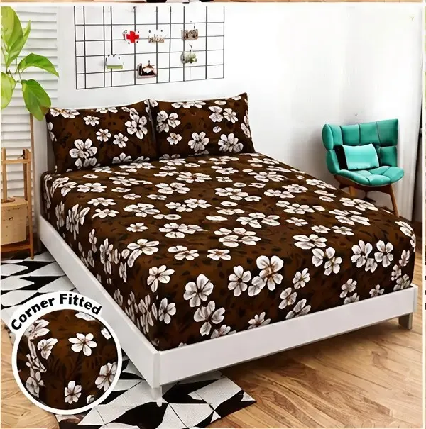Cotton_Polyester_Blend_Brown_Floral_Print_Fitted_Bedsheet