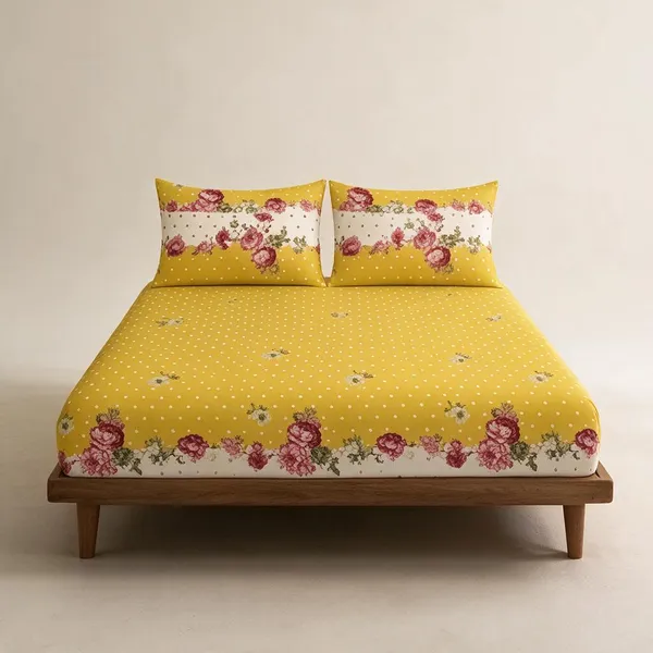 Cotton_Polyester_Blend_Yellow_Floral_Print_Fitted_Bedsheet