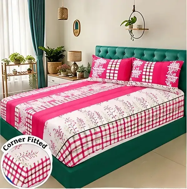 Cotton_Polyester_Blend_Pink_Floral_Grid_Print_Fitted_Bedsheet