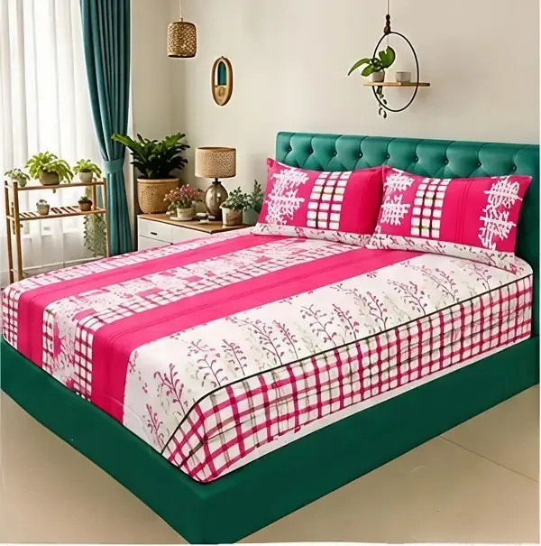 Cotton_Polyester_Blend_Pink_Floral_Grid_Print_Fitted_Bedsheet