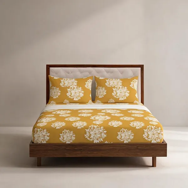 Cotton_Polyester_Blend_Mustard_Floral_Print_Fitted_Bedsheet