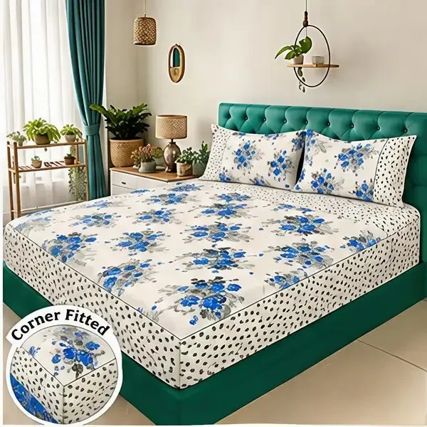 Cotton_Polyester_Blend_White_Floral_Print_Corner_Fitted_Bedsheet