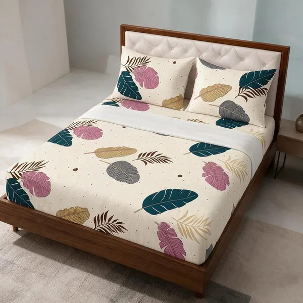 Cotton_Polyester_Blend_Cream_Leaf_Print_Fitted_Bedsheet