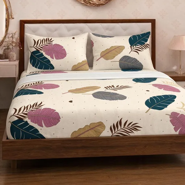 Cotton_Polyester_Blend_Cream_Leaf_Print_Fitted_Bedsheet